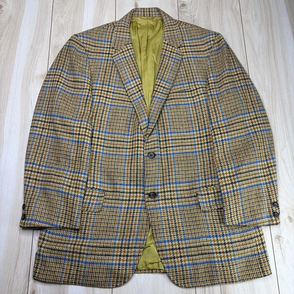 VTG 60s Saks Fifth Avenue British Wool Tweed Prince Of Wales Blazer Mens 40R